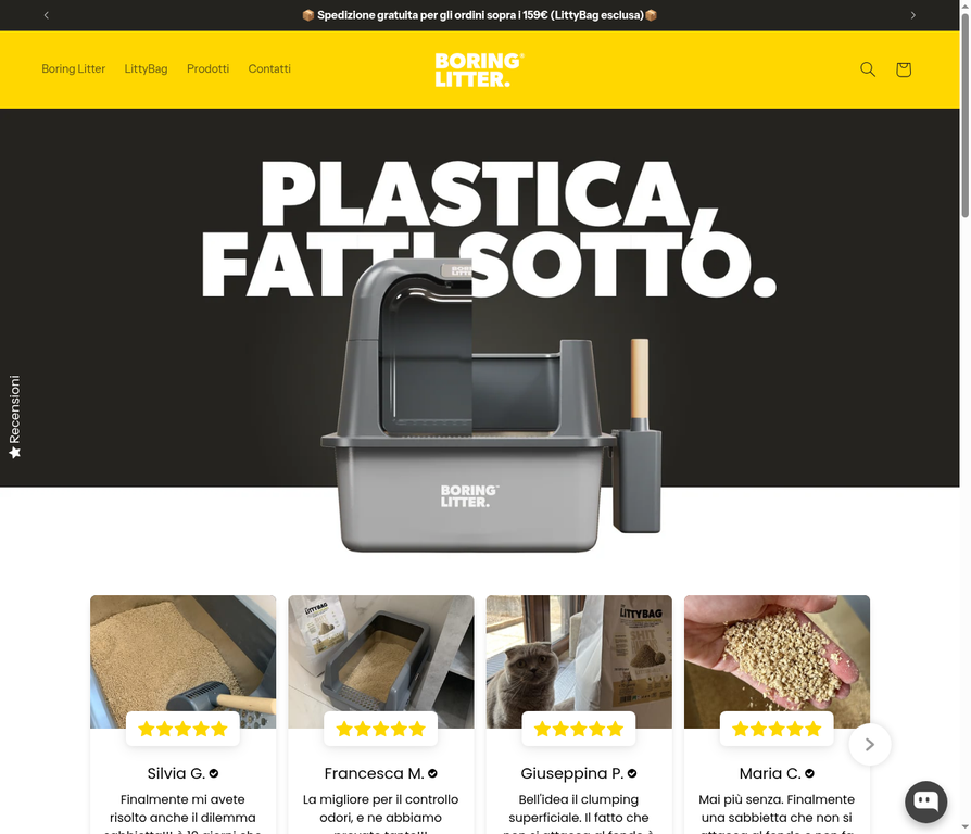 Boring Litter homepage and customer review content