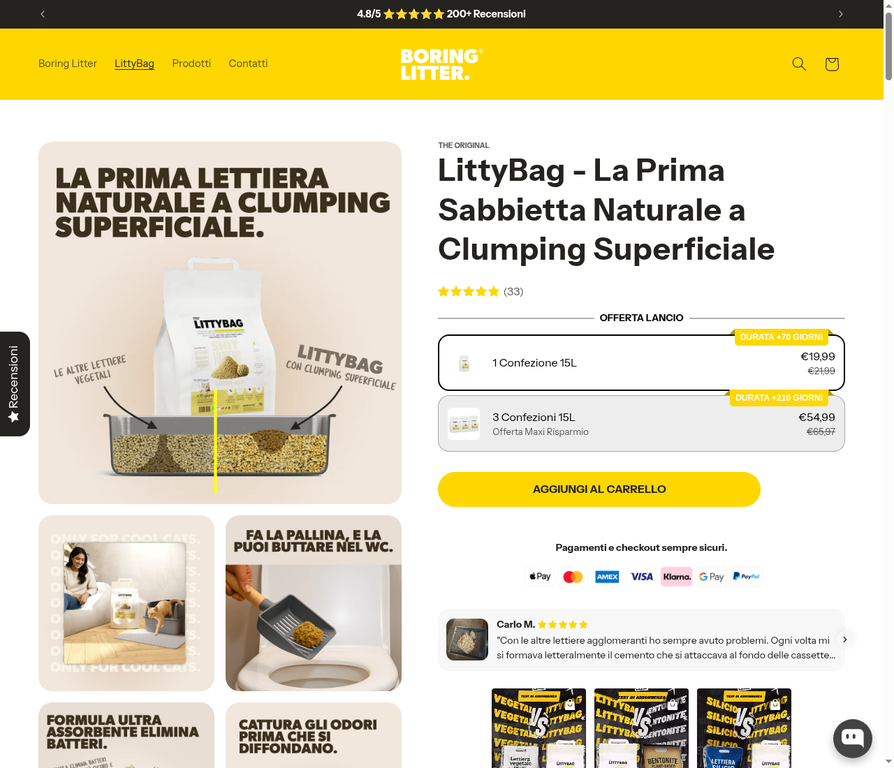 Boring Litter Shopify product purchase experience