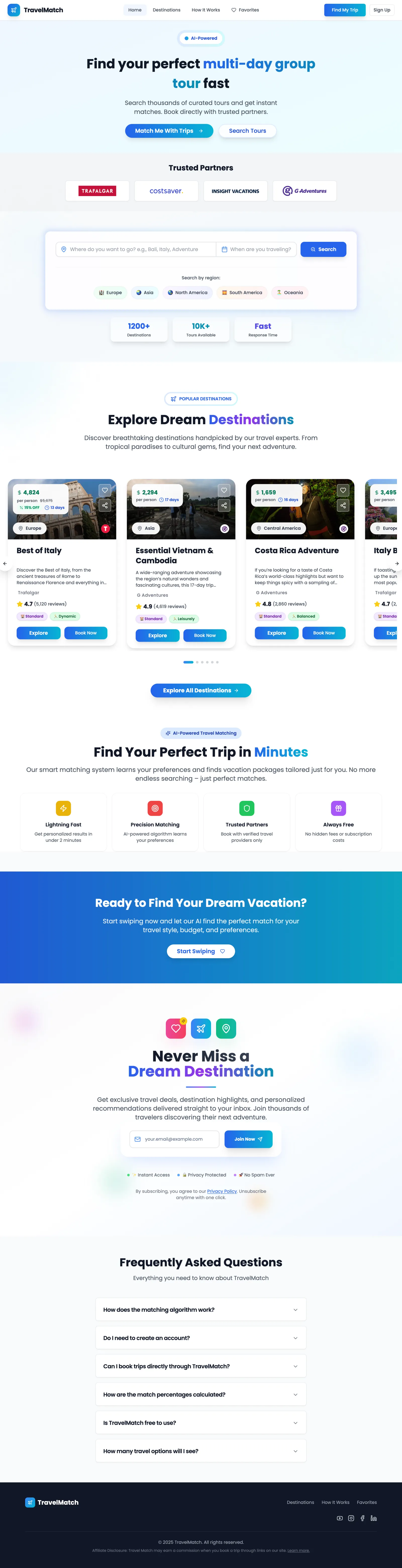 Travel Match homepage and platform overview