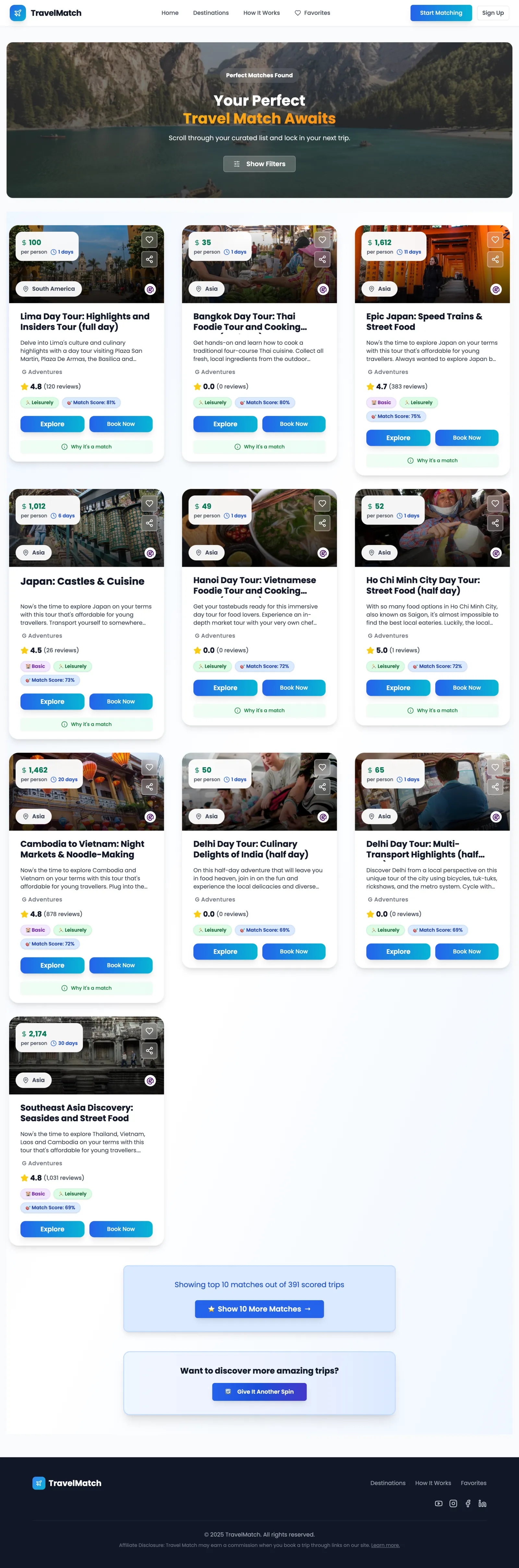 Travel Match tour package discovery page