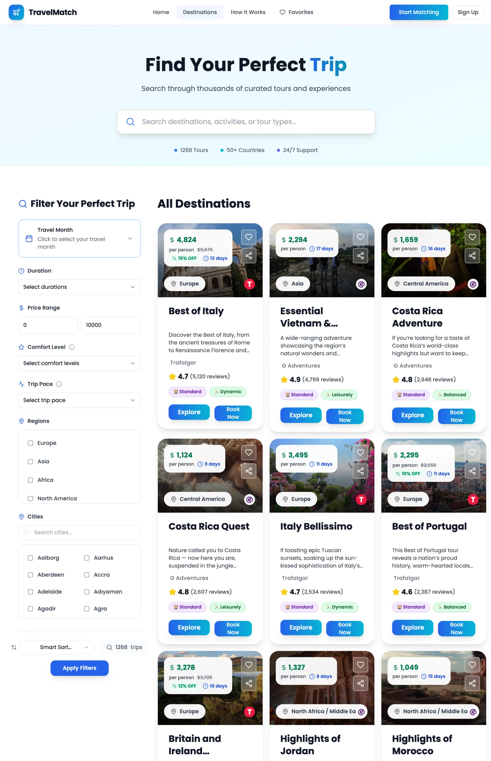 Travel Match saved and shareable trip results