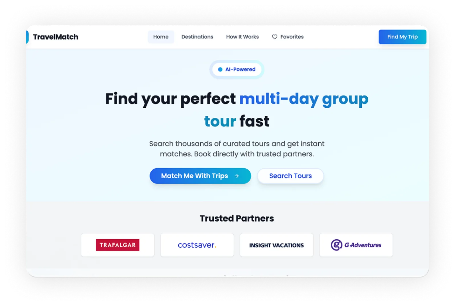Travel Match AI-powered vacation discovery website preview